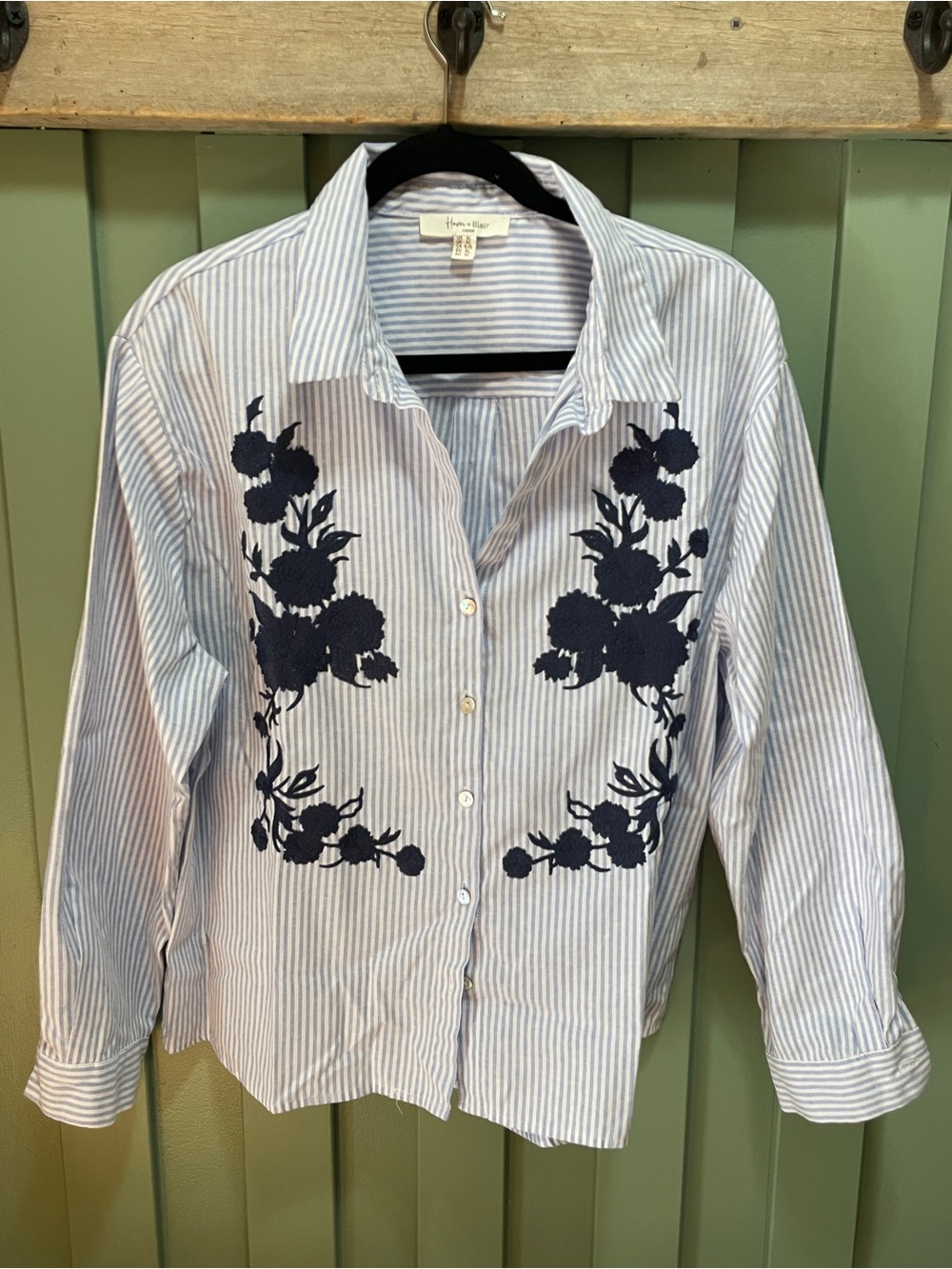 Haver & Blair Light Blue Striped Button-Front Blouse with Navy Floral Embroidery